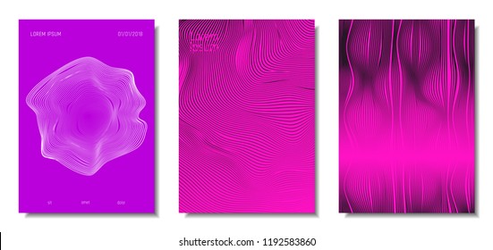 Wave Lines. Abstract Covers with Movement and Distortion Effect. Flowing Striped Background. Trendy Geometric Templates Set . EPS10 Vector Design. 3D Distorted Lines for Brochure, Music Sound Poster.