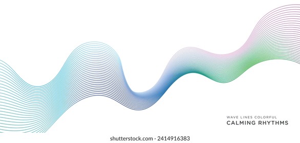 Wave lines calming rhythms colorful blue pink tosca green in white background fit for music sound waves, AI technology, digital, and more