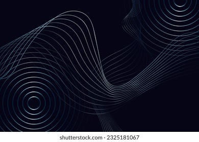 Wave Lines and Circle Twisting. 3D Minimal Rings, Ripple for Horizontal Poster, Header, Cover, Social Media, Fashion Ads. Vector Innovation Technology, Science for Digital Spectrum.