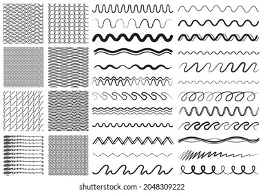 Wave lines. Drawing line, dividers or decorative ornaments. Zigzag seamless pattern collection, elements for diary, cards invitation vector set