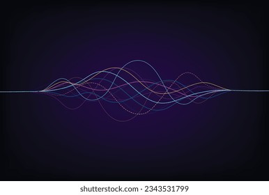 Líneas de onda que fluyen dinámicas. Inteligencia artificial concepto de redes de visualización de aprendizaje profundo para IA, música, sonido. Ilustración del vector