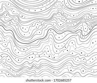 Wave lines pattern. Thin black wavy lines and decorative dot spots isolated on white background. Abstract vector texture for graphic design