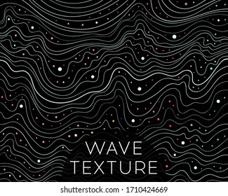 Wave lines pattern. Thin wavy lines and decorative confetti dot spots on black background. Abstract vector decorative texture for graphic design