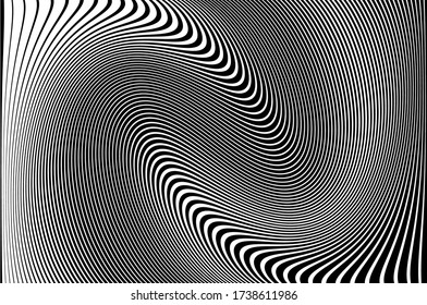 Wave lines. Pattern with wavy, curves lines. Optical art background.  Design black and white. Digital image with a psychedelic stripes. Vector illustration  