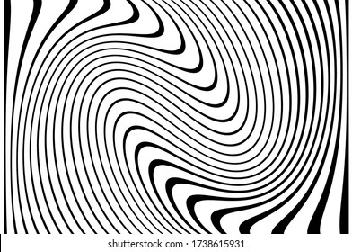 Wave lines. Pattern with wavy, curves lines. Optical art background.  Design black and white. Digital image with a psychedelic stripes. Vector illustration  