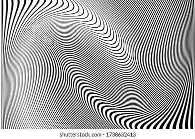 Wave lines. Pattern with wavy, curves lines. Optical art background.  Design black and white. Digital image with a psychedelic stripes. Vector illustration  