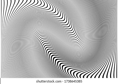 Wave lines. Pattern with wavy, curves lines. Optical art background.  Design black and white. Digital image with a psychedelic stripes. Vector illustration  
