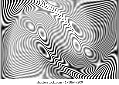 Wave lines. Pattern with wavy, curves lines. Optical art background.  Design black and white. Digital image with a psychedelic stripes. Vector illustration  