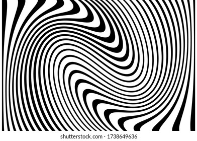 Wave lines. Pattern with wavy, curves lines. Optical art background.  Design black and white. Digital image with a psychedelic stripes. Vector illustration  