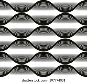Wave lines seamless pattern, abstract geometric black and white background, vector illustration.