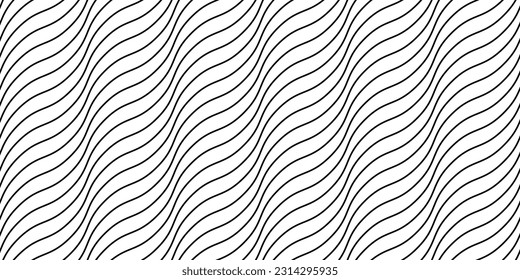 Wave lines seamless pattern. Black and white undulate stripes repeating background. Diagonal wavy texture. Simple curved linear wallpaper. Textile and fabric design template. Vector