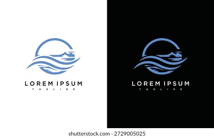 Wave logo concept with mountain silhouette and sun on white and black backgrounds