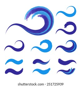 Wave logo design template set.  Watercolor brush stroke.  Vector. Sea Wave pattern.  