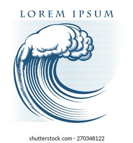 Wave logo or emblem drawn in engraving style. Isolated on white background. Only free font used.
