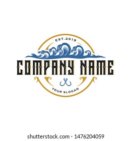 Wave logo icon template with hook vintage look  in ocean sea water vector, for fisherman hunt , travel business, adventure island, photography, hobby