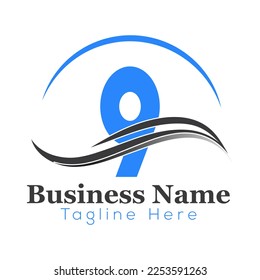 Wave Logo On Letter 9 Template. Wave On 9 Letter, Initial Wave Sign Concept