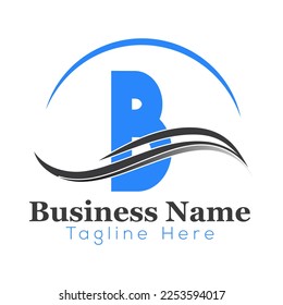 Wave Logo On Letter B Template. Wave On B Letter, Initial Wave Sign Concept