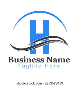 Wave Logo On Letter H Template. Wave On H Letter, Initial Wave Sign Concept