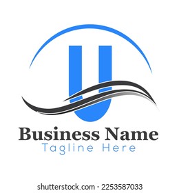 Wave Logo On Letter U Template. Wave On U Letter, Initial Wave Sign Concept