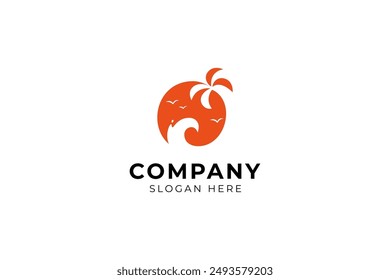 wave logo with palm tree and sun in orange color flat vector design style