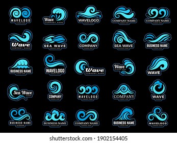 Wave logo. Stylized extreme round shapes water splashes wave flow recent vector set