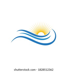 Wave Logo with sun template, nature vector symbol.