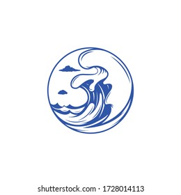 Plantilla de logotipo de oleada. Emblema de surf marino. Ilustración vectorial.