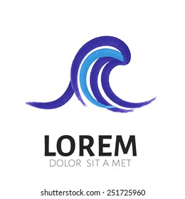 Wave logo template.  Sea surf  emblem symbol. Watercolor brush strokes. Vector illustration