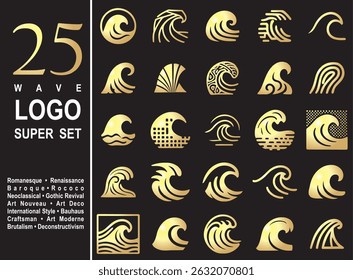 Wave Logos set of 25 includes: Abstract Ocean Waves, Surf and Water Symbol for Branding, Tech, Spa, Nature and Meditation. All in various abstract styles: ocean curls, water motion, surf lines.