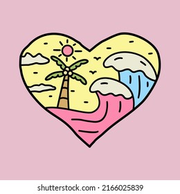 Wave of love, summer coconut in love shape, design for t-shirt , kids stuff, badge, sticker etc
