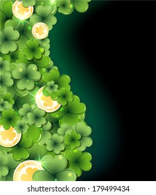 Wave of magic clover and gold coins on a black background.  St. Patrick's Day abstract background