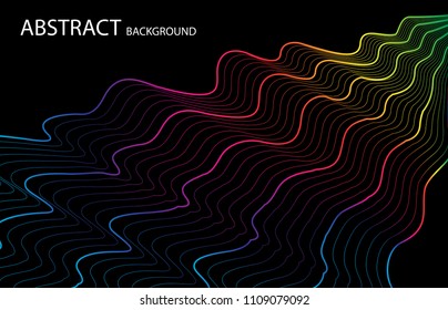 Wave of the many colored lines. Abstract wavy stripes on a black background isolated. Creative line art. Design elements created using the Blend Tool.
