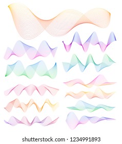 Wave of the many colored lines. Abstract wavy stripes on a white background isolated. Creative line art. Vector illustration EPS 10. Design elements created using the Blend Tool. Curved smooth tape