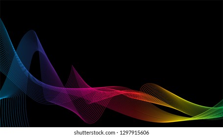 Wave of the many colored lines. Abstract wavy stripes on a black background isolated. Creative line art. Design elements created using the Blend Tool. 