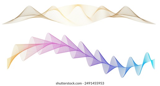 Welle von vielen farbigen Linien. Abstrakte wellenförmige Streifen auf weißem Hintergrund isoliert. Creative Line Art. EPS 10 Vektorillustration. Design-Elemente, die mit dem Angleichungstool erstellt wurden. Gebogenes glattes Band