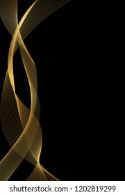Wave of the many gold lines. Abstract wavy stripes on a black background isolated. Creative line art. Design elements created using the Blend Tool.