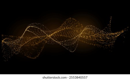 Wave of many golden lines flowing particles. Abstract wavy orange glowing stripes. Vector curvy dynamic sound dots stream, energy pulsing. Creative dotted blend, signal equalizer
