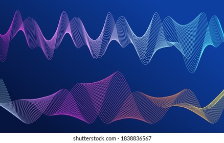 Wave many lines. Abstract wavy stripes on purple blue background. Creative line art colorful gradient. Vector illustration EPS 10. Design elements created using the Blend Tool for booklet layout, well