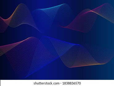 Wave many lines. Abstract wavy stripes on purple blue background. Creative line art colorful gradient. Vector illustration EPS 10. Design elements created using the Blend Tool for booklet layout, well