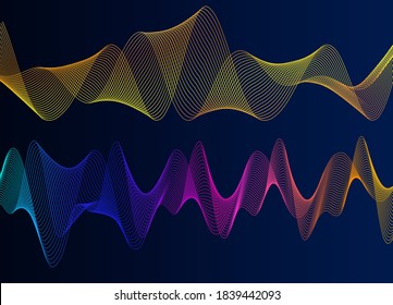 Wave many lines. Abstract wavy stripes on purple blue background. Creative line art colorful gradient. Vector illustration EPS 10. Design elements created using the Blend Tool for booklet layout, well