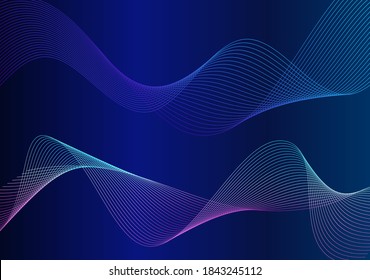Wave many lines. Abstract wavy stripes on purple blue background. Creative line art colorful gradient. Vector illustration EPS 10. Design elements created using the Blend Tool for booklet layout, well