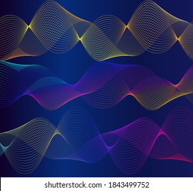 Wave many lines. Abstract wavy stripes on purple blue background. Creative line art colorful gradient. Vector illustration EPS 10. Design elements created using the Blend Tool for booklet layout, well