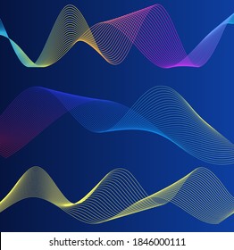 Wave many lines. Abstract wavy stripes on purple blue background. Creative line art colorful gradient. Vector illustration EPS 10. Design elements created using the Blend Tool for booklet layout, well