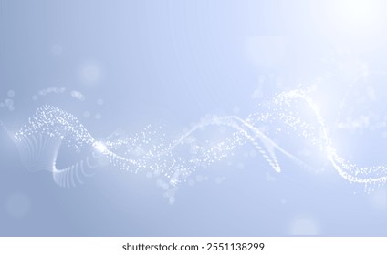 Wave of many lines flowing particles with light. Abstract wavy stripes on blue gradient. Vector curvy dynamic white dots stream, energy pulsing. Realistic sound signal. Creative dotted blend