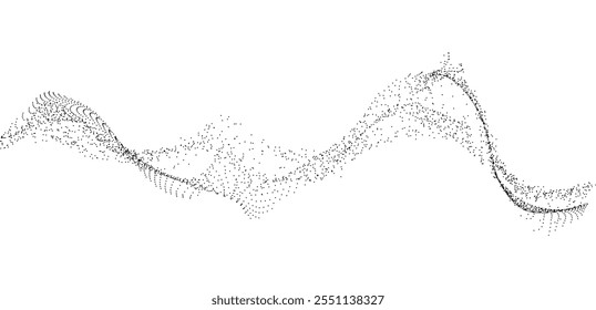 Wave of many lines flowing particles. Abstract wavy black stripes. Vector curvy dynamic sound dots stream, energy pulsing. Realistic sound signal technology, equalizer. Creative dotted blend