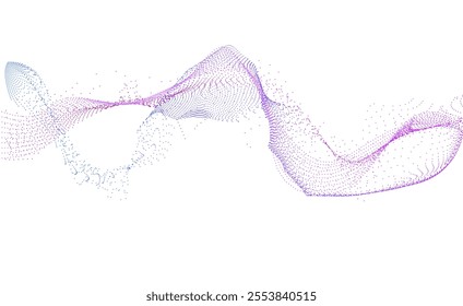 Wave of many lines flowing particles. Abstract wavy dotted stripes purple blue gradient. Vector curvy dynamic sound dots stream, energy pulsing. Realistic virtual signal equalizer