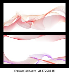 Wave of many red orange gradient lines flow. Abstract wavy stripes. Smooth curvy dynamic sound waves, energy pulsing. Realistic sound signal technology, equalizer. Creative blend line art vector set
