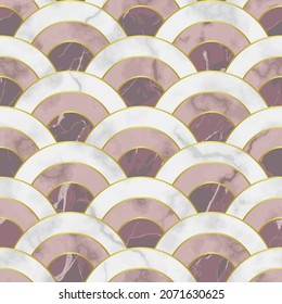Wave marble seamless pattern. Abstract geometric repeat background. Asian traditional backdrop, luxury wallpaper with golden lines, pink and white textile print, interior tile.