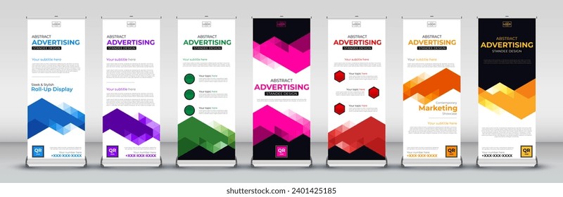 wave Modern abstract business roll up Banner Signboard Advertising standee Template set in red, green, blue, yellow, orange, purple, pink