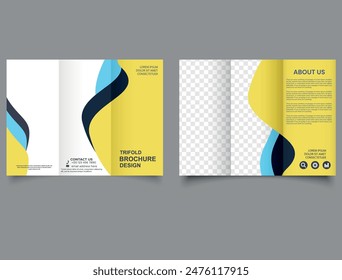 Wave. Modern Trifold blue yellow corporate identity cover business vector design background. Construction and renovation trifold brochure template or real estate brochure.